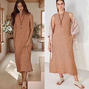 Pure Jill 100% Linen A Line Maxi Dress L‎ Sable Sleeveless Pockets Lagenlook